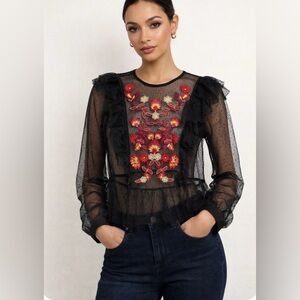 GUESS Sheer Mesh Blouse Small Black Polka Dot Embroidery Front Peplum Hem Gothic